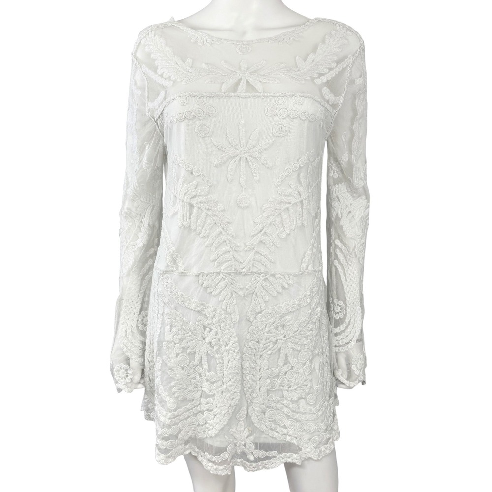 White Sheer Embroidered Mini Dress Boho Festival Coquette Fairycore Romantic L